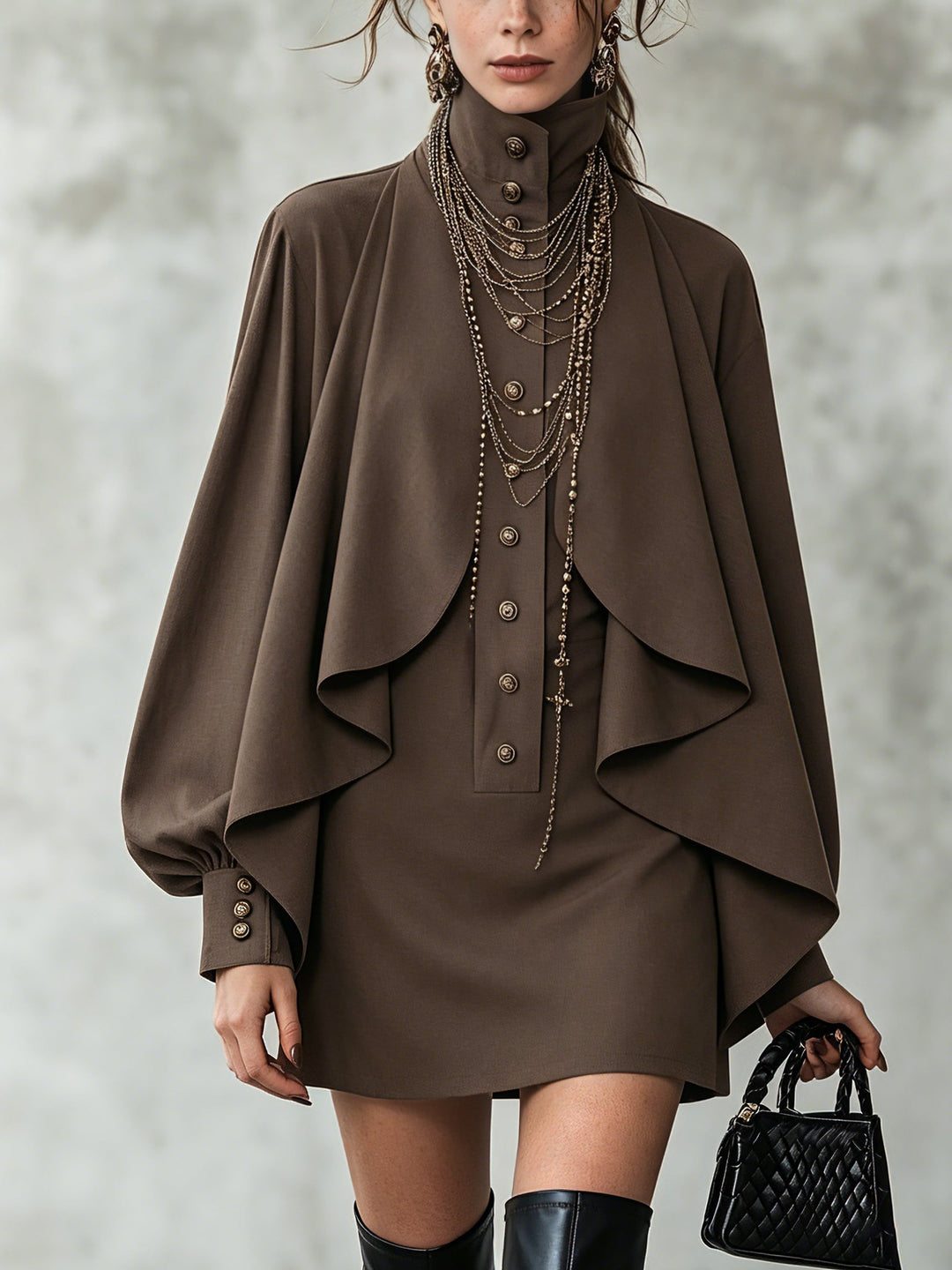 Selene | Cape-Paneled High-Neck Mini Dress