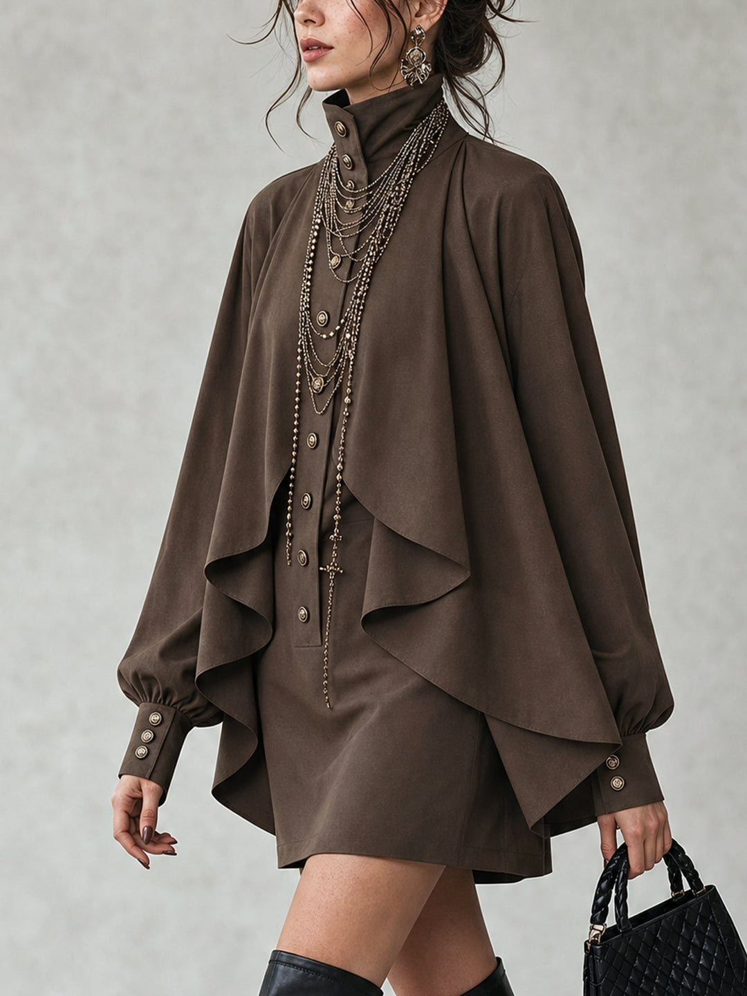 Selene | Cape-Paneled High-Neck Mini Dress