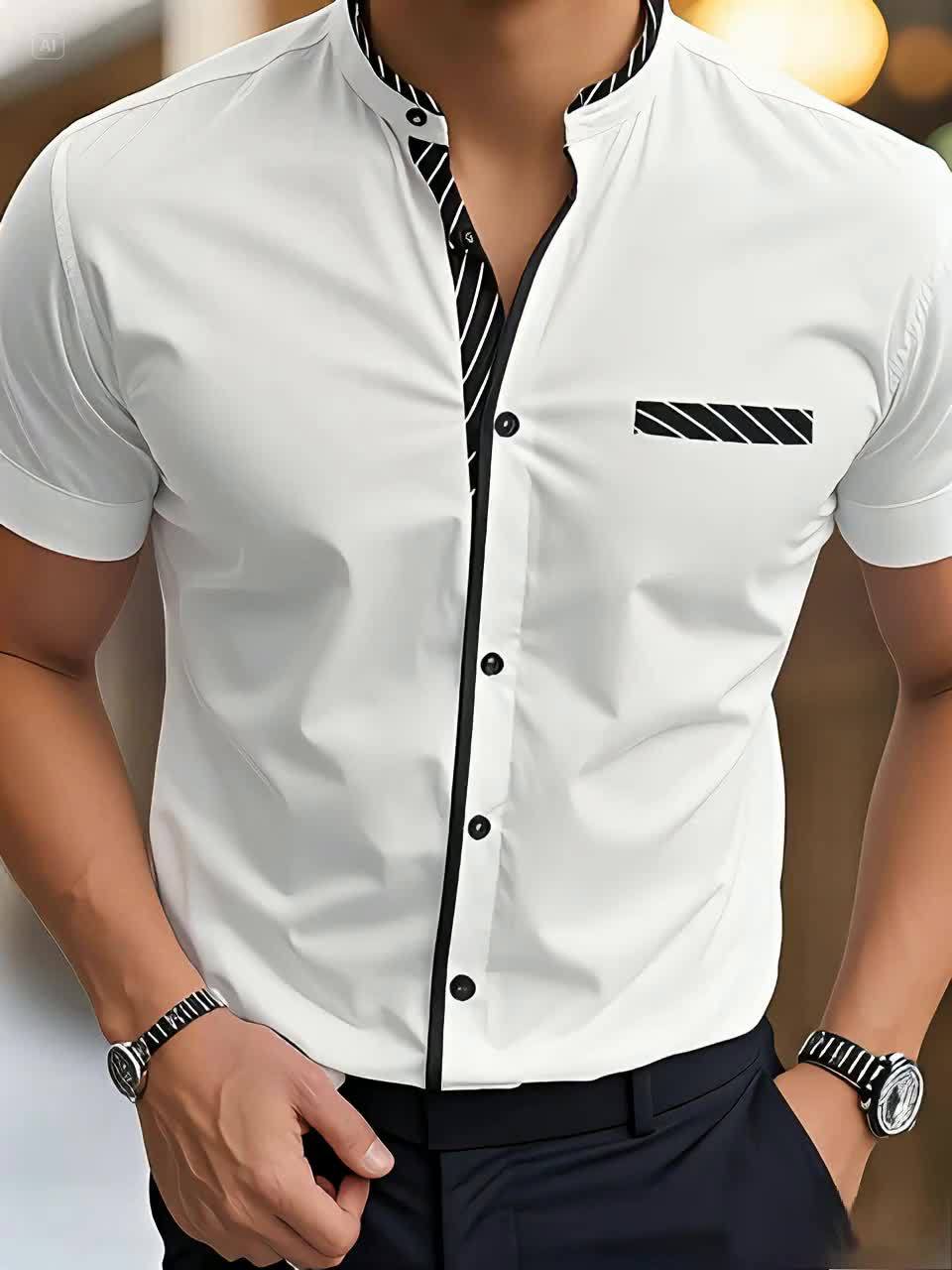 Hutton | Men's Contrast Stand Collar Short Sleeve Shirt