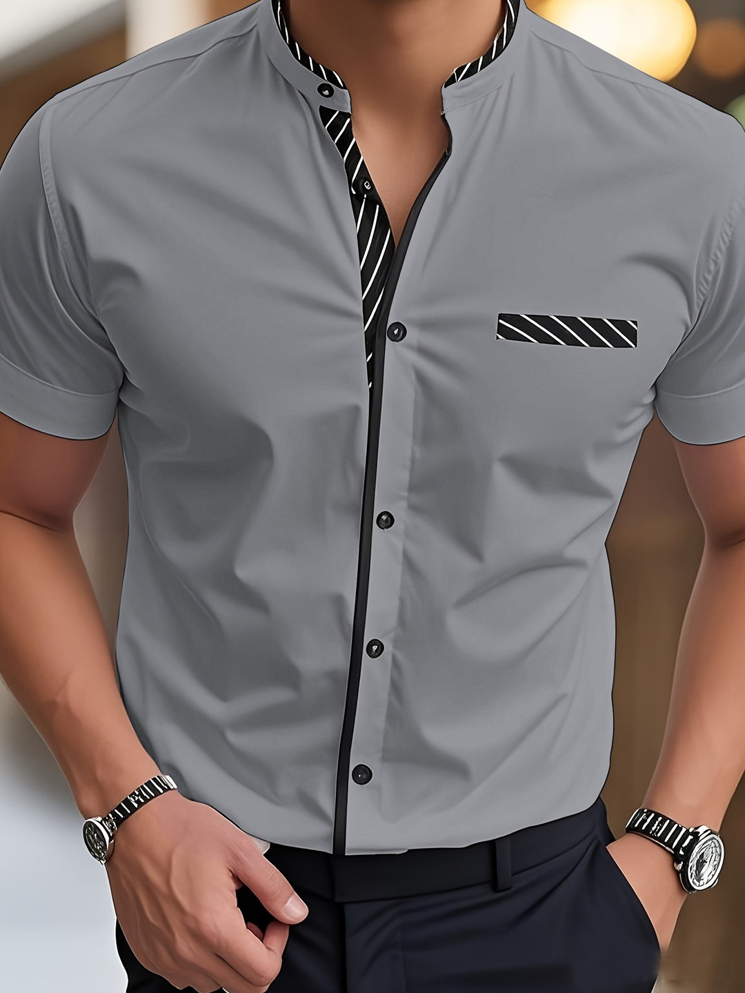 Hutton | Men's Contrast Stand Collar Short Sleeve Shirt