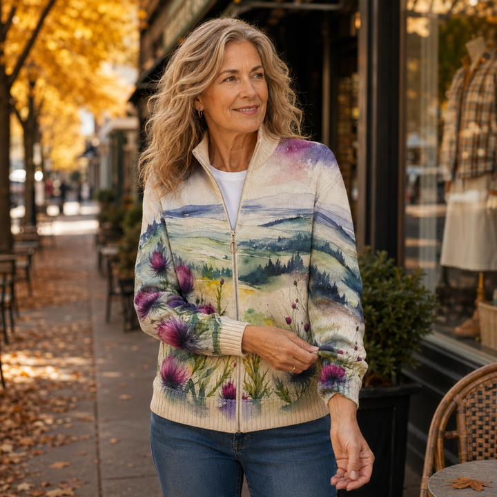 Fenella | Watercolor Landscape Zip Cardigan
