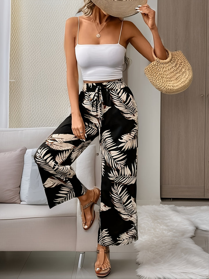 Solene | Women's Tropical Print Wide-Leg Tie-Waist Trousers