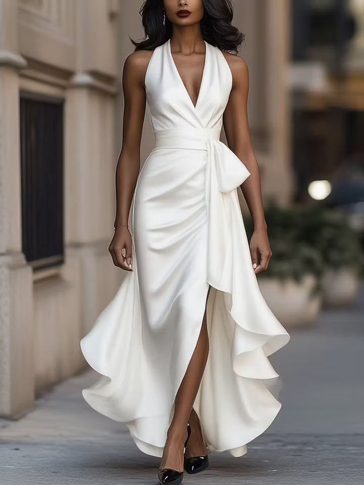 Regina | Draped Halter Ruffle Gown