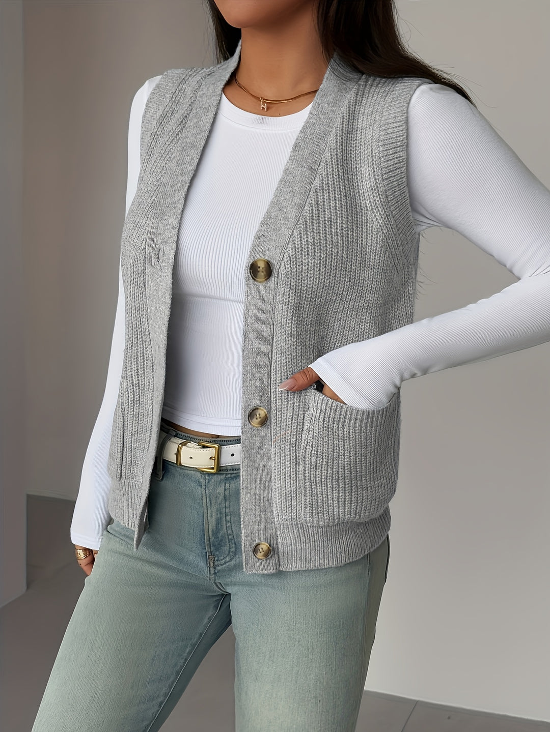 Fern | Buttoned V-Neck Knit Vest