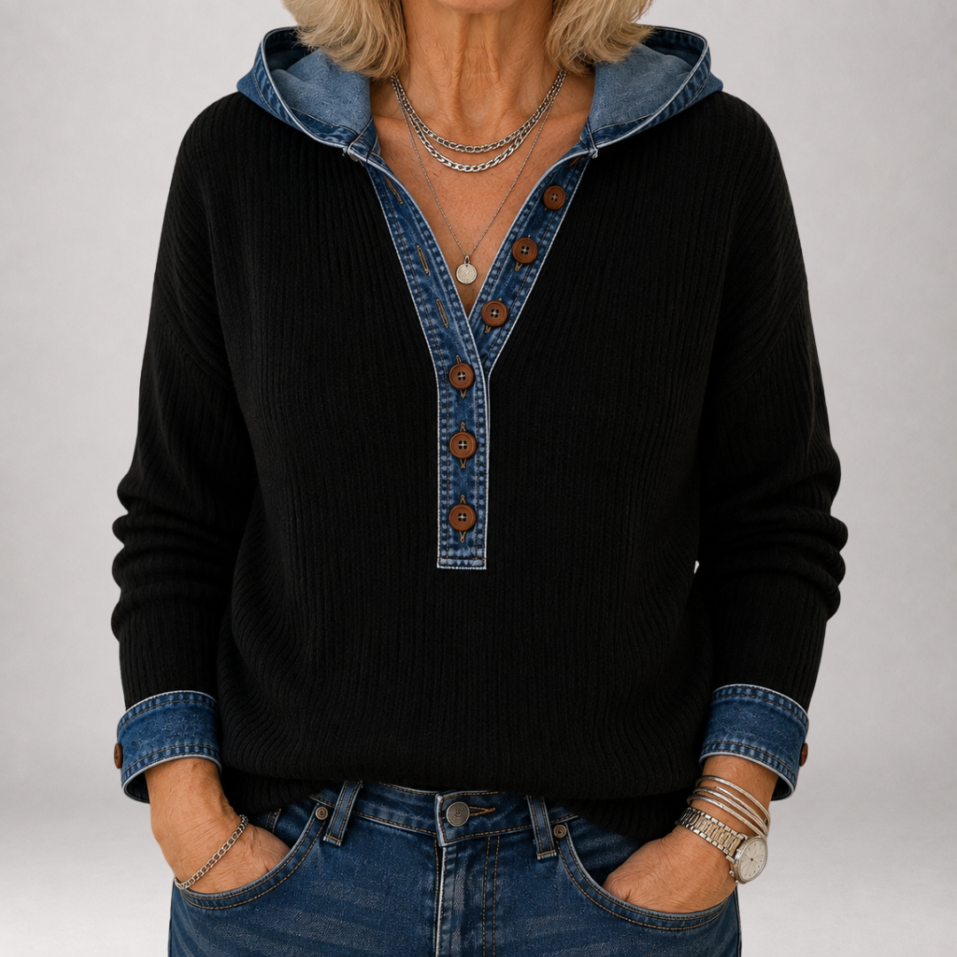Linnet | Contrast-Trim Hooded Henley Sweater