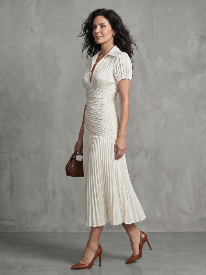 Marleigh | Pleated Pinstripe Midi Dress