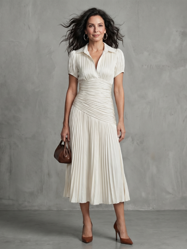 Marleigh | Pleated Pinstripe Midi Dress