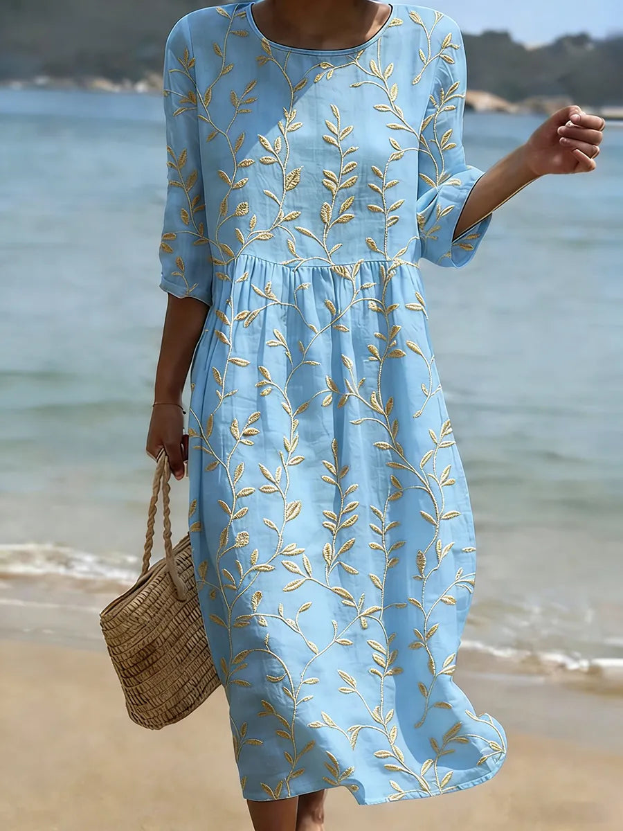 Brielle | Embroidered Leaf Midi Dress