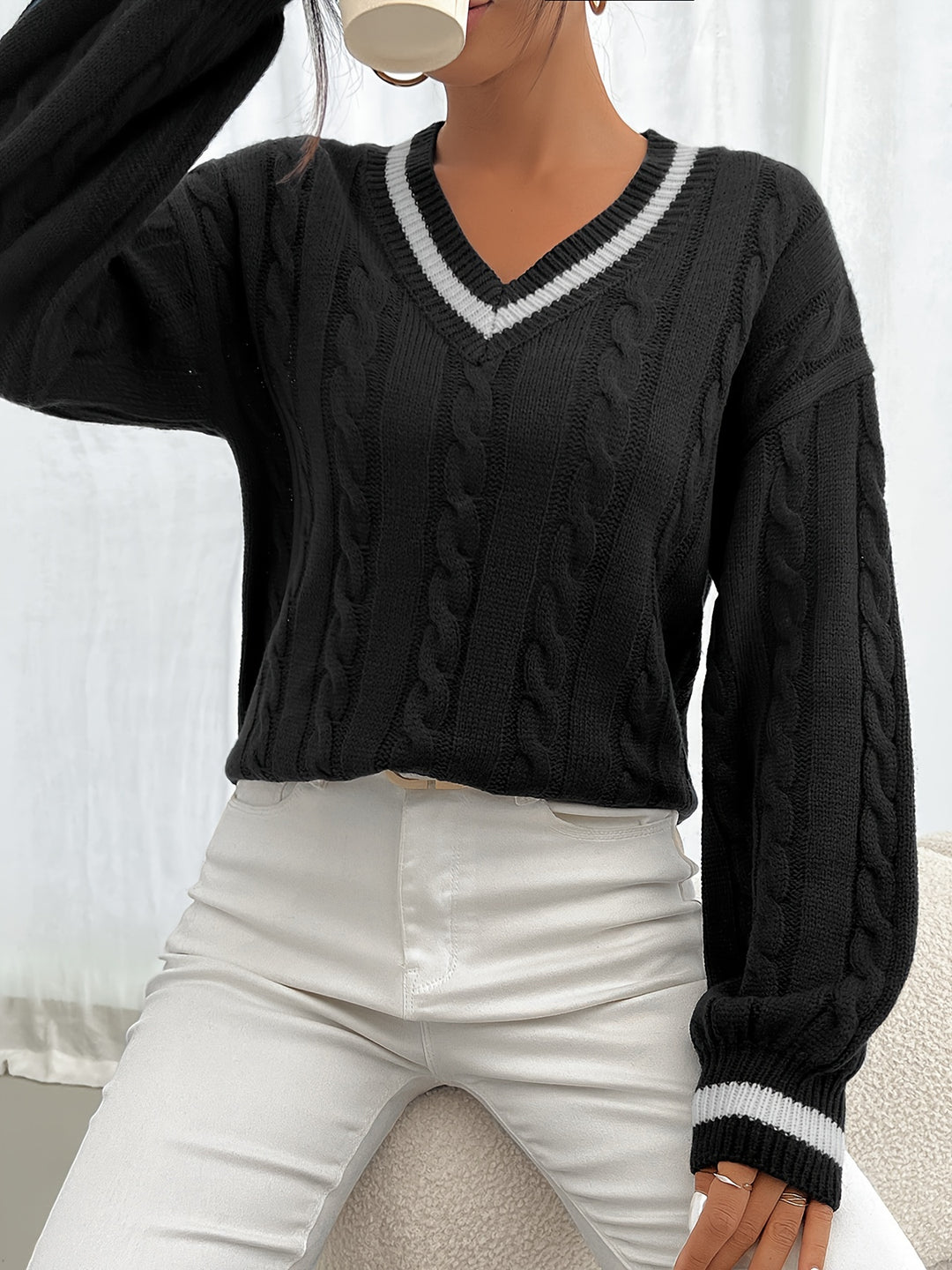 Eileen | Varsity-Trim Cable Knit Sweater