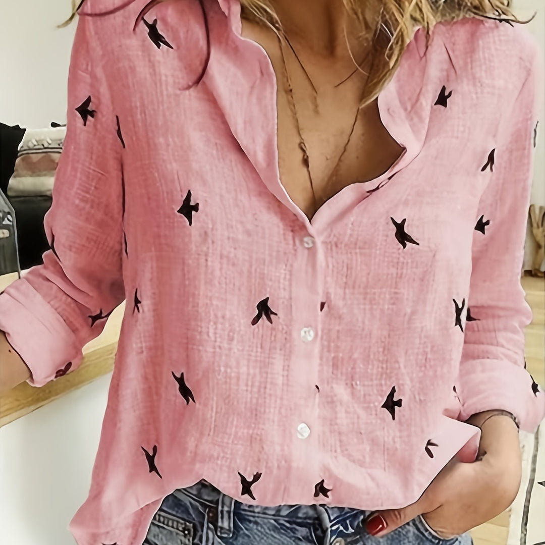Phoebe | Bird Print Button-Up Shirt