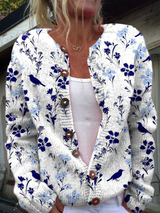 Winona | Floral Bird-Print Button-Front Cardigan
