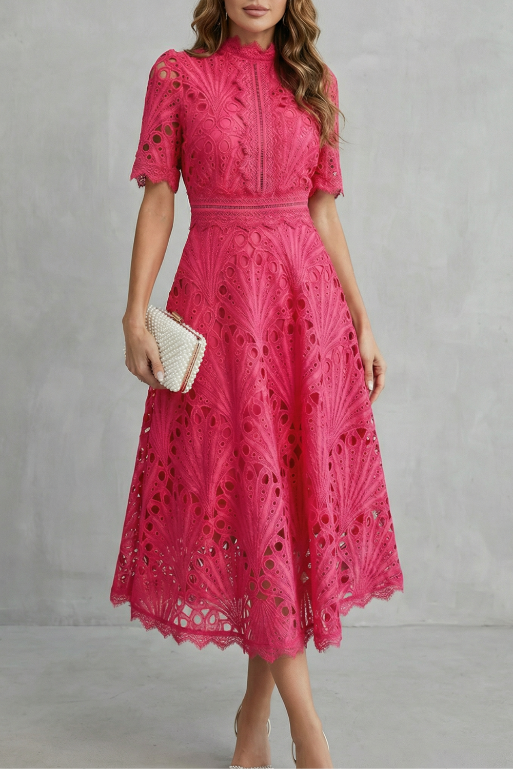 Penelope | Openwork Midi Dress with Elegant High Neckline
