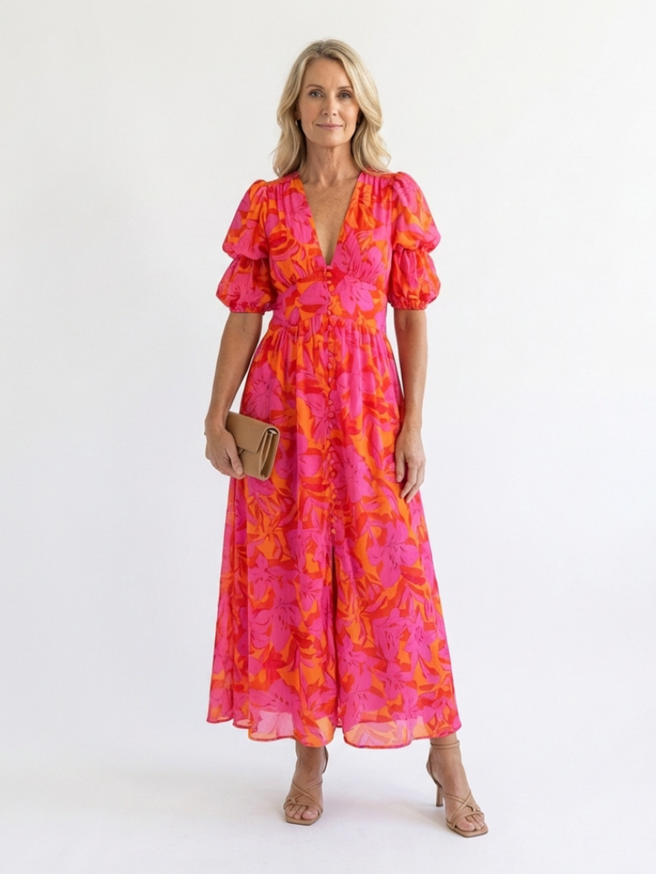 Claire | Floral V-Neck Puff Sleeve Midi Dress