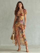 Camilla | Ruffled-Sleeve Ruched Midi Dress