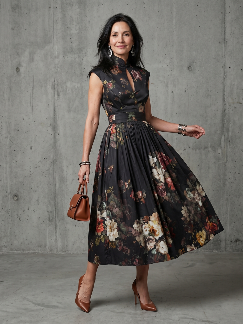Esther | High-Neck Keyhole Floral Midi Dress