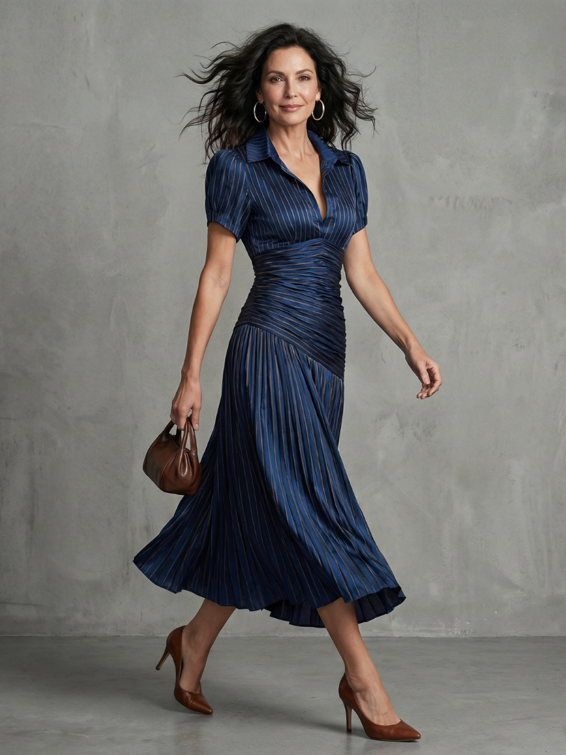 Marleigh | Pleated Pinstripe Midi Dress