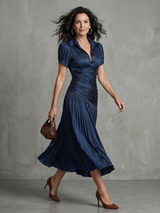 Marleigh | Pleated Pinstripe Midi Dress