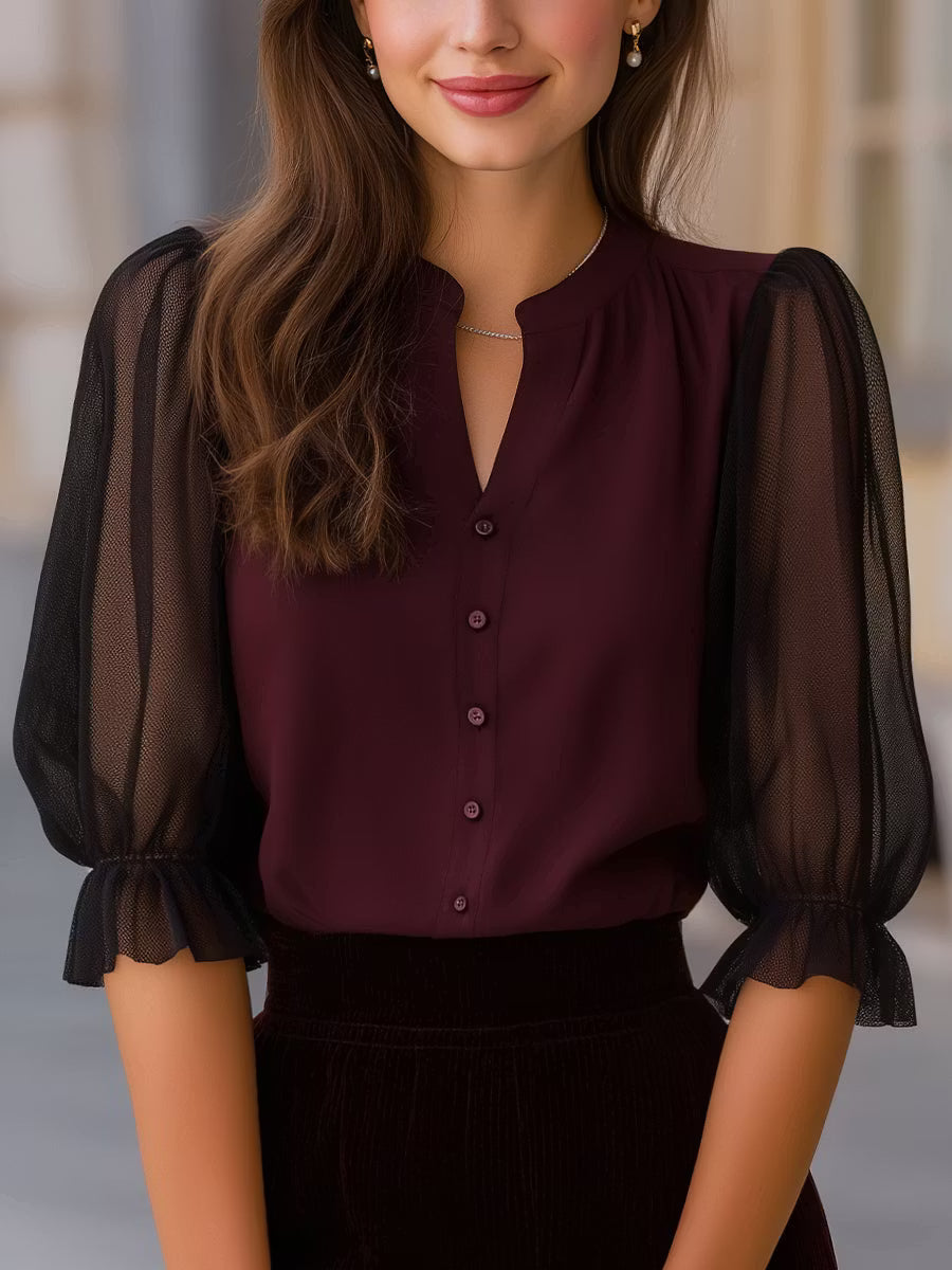 Fabienne | Sheer-Sleeve Button-Up Blouse