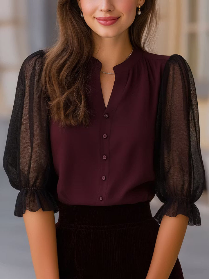 Fabienne | Sheer-Sleeve Button-Up Blouse
