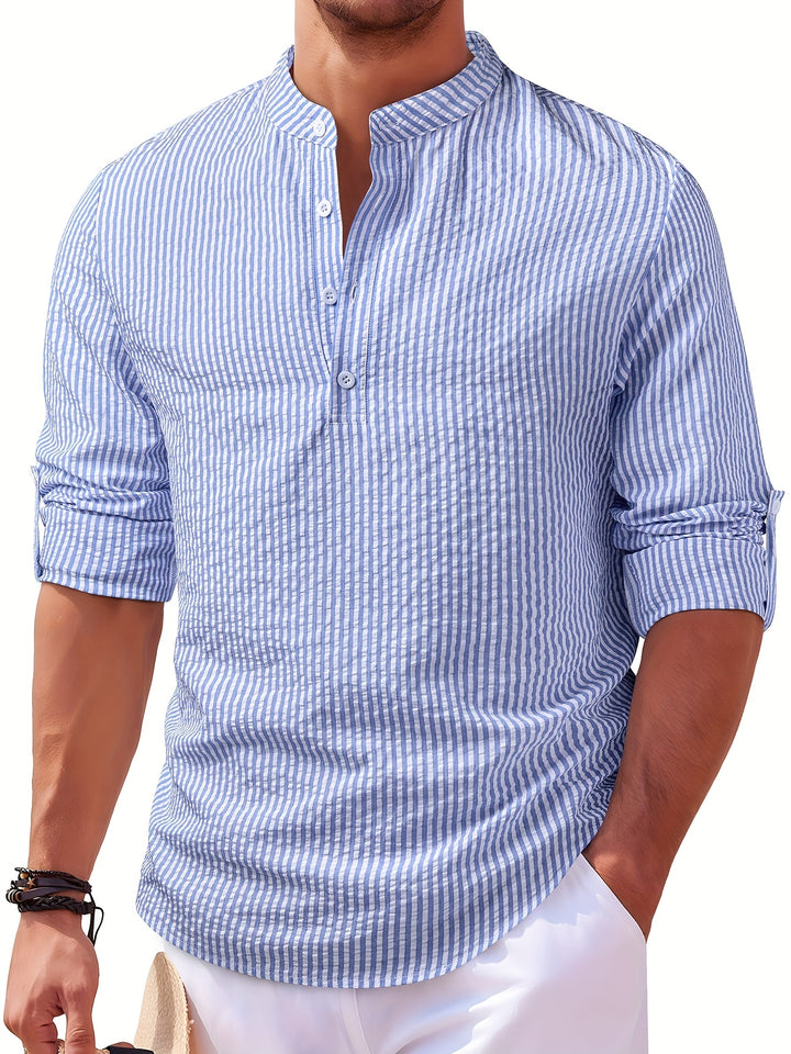 Rowan | Men's Band Collar Long Sleeve Stripe Shirt