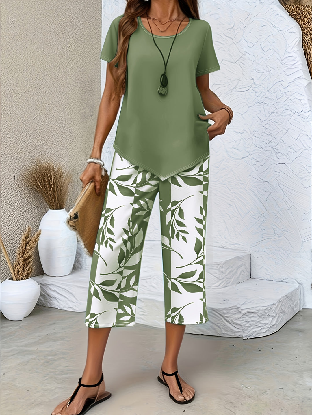 Camille | Women's Two-Piece Botanical Print Top & Trouser Set