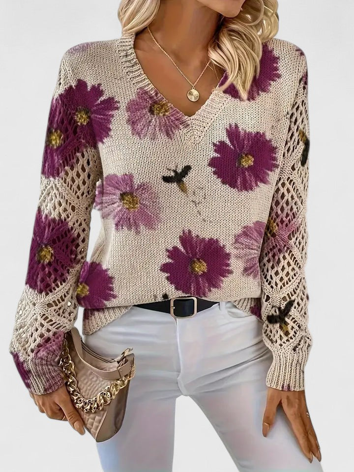 Charlene | Floral Open-Knit V-Neck Sweater