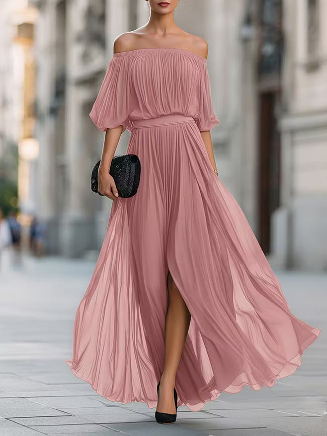 Nora | Off-Shoulder Pleated Flowing Maxi Dress