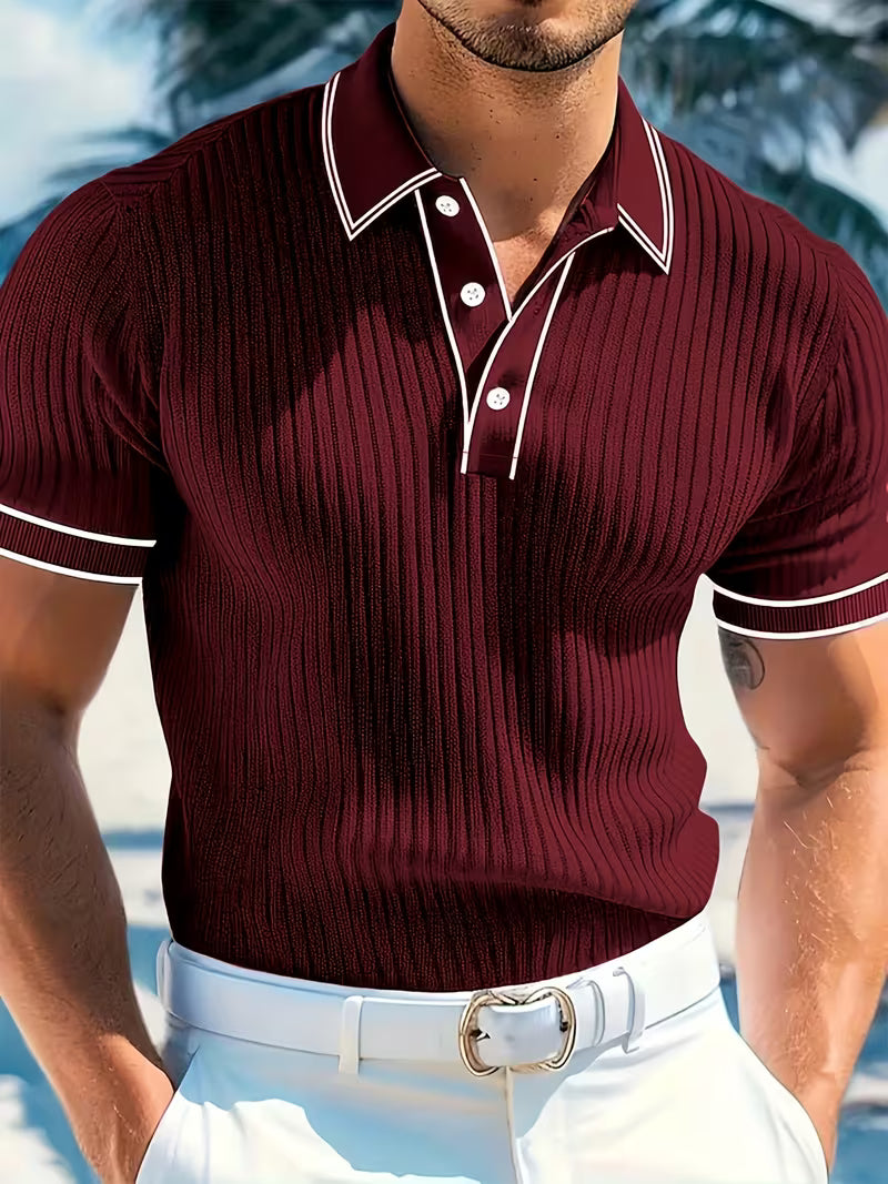 Theo | Men's Ribbed Knit Contrast-Trim Polo Shirt