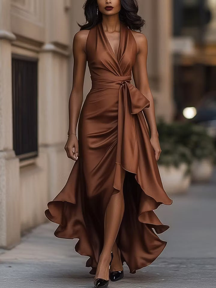 Regina | Draped Halter Ruffle Gown