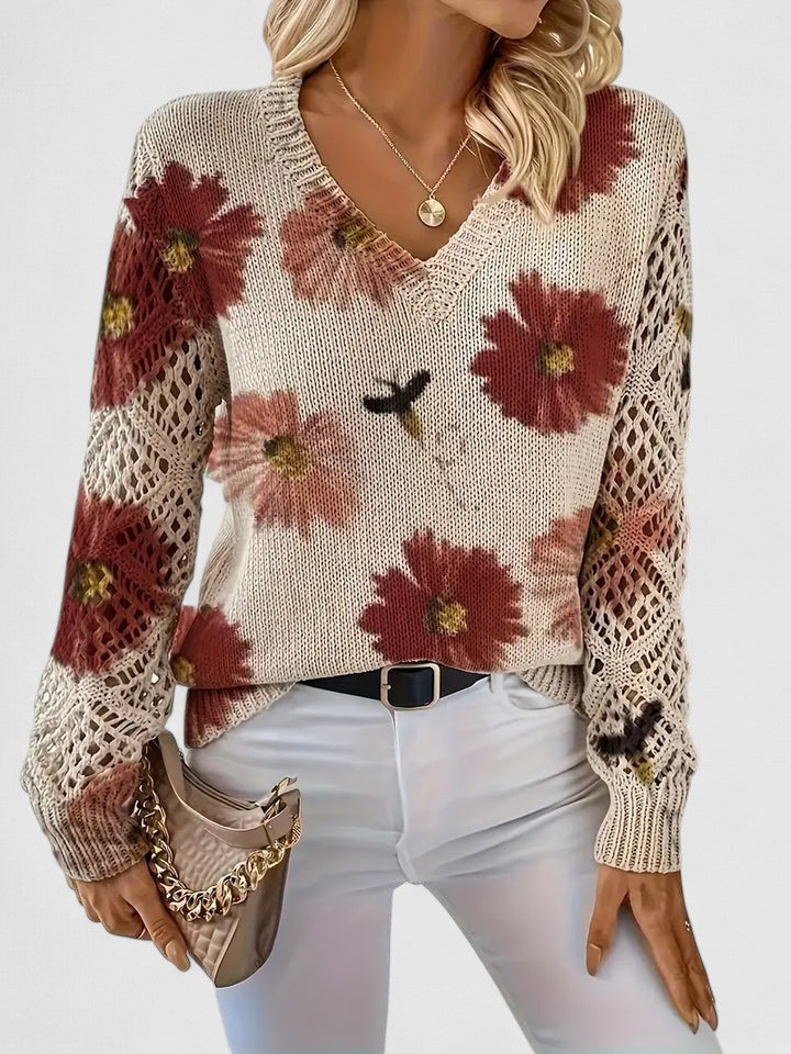 Charlene | Floral Open-Knit V-Neck Sweater
