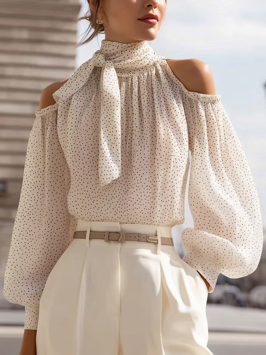 Marceline | Polka Dot Cold-Shoulder Tie-Neck Blouse