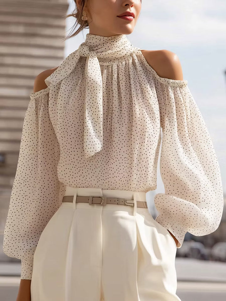 Marceline | Polka Dot Cold-Shoulder Tie-Neck Blouse