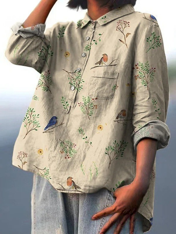 Melinda | Relaxed Botanical Bird Print Shirt