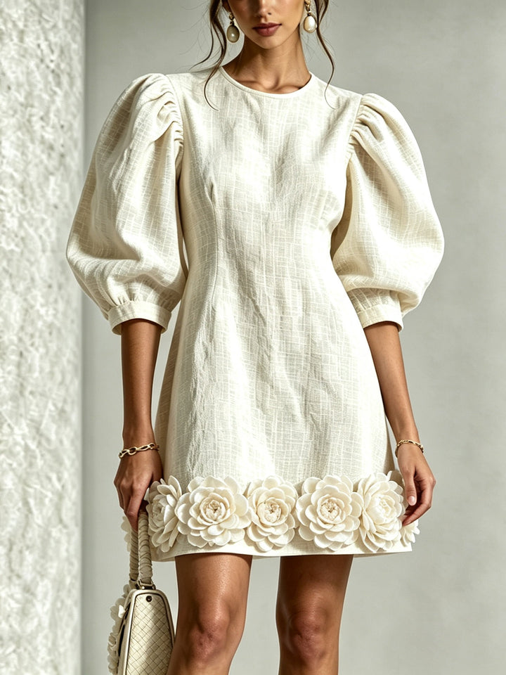 Adriana | Floral-Trim Puff-Sleeve Mini Dress