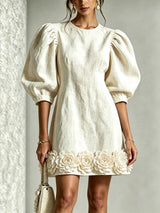 Blanche | Floral-Hem Puff-Sleeve Mini Dress