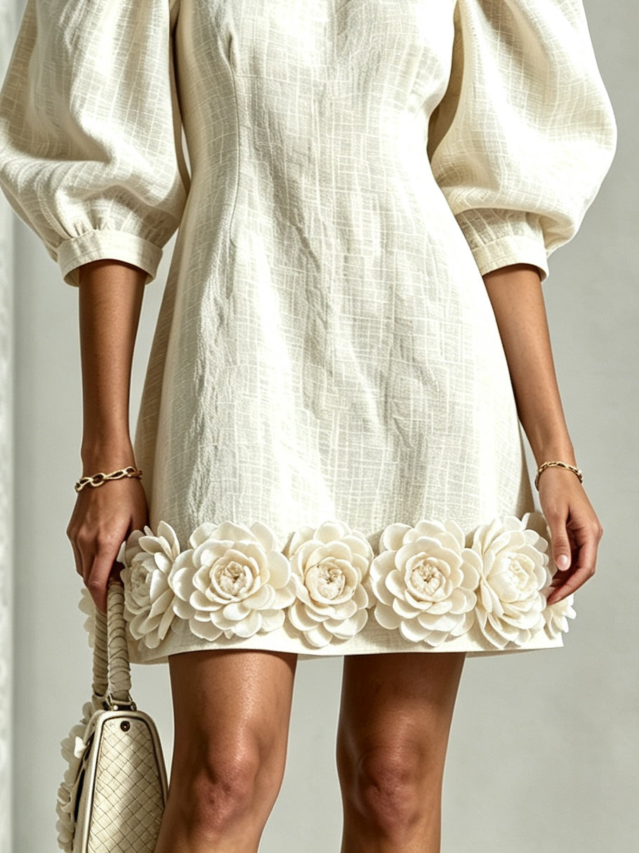 Adriana | Floral-Trim Puff-Sleeve Mini Dress