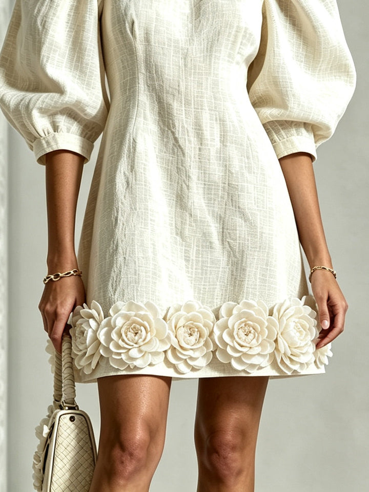 Adriana | Floral-Trim Puff-Sleeve Mini Dress