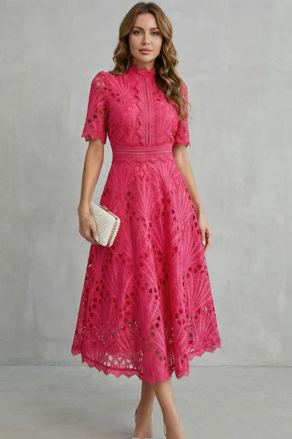 Penelope | Openwork Midi Dress with Elegant High Neckline