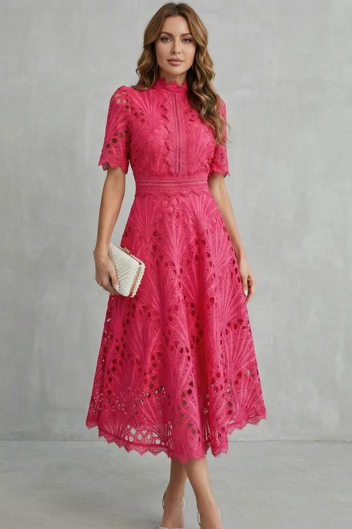 Penelope | Openwork Midi Dress with Elegant High Neckline
