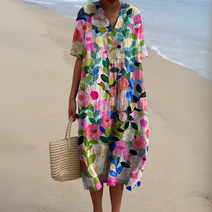 Adele | Painterly Floral V-Neck Dress