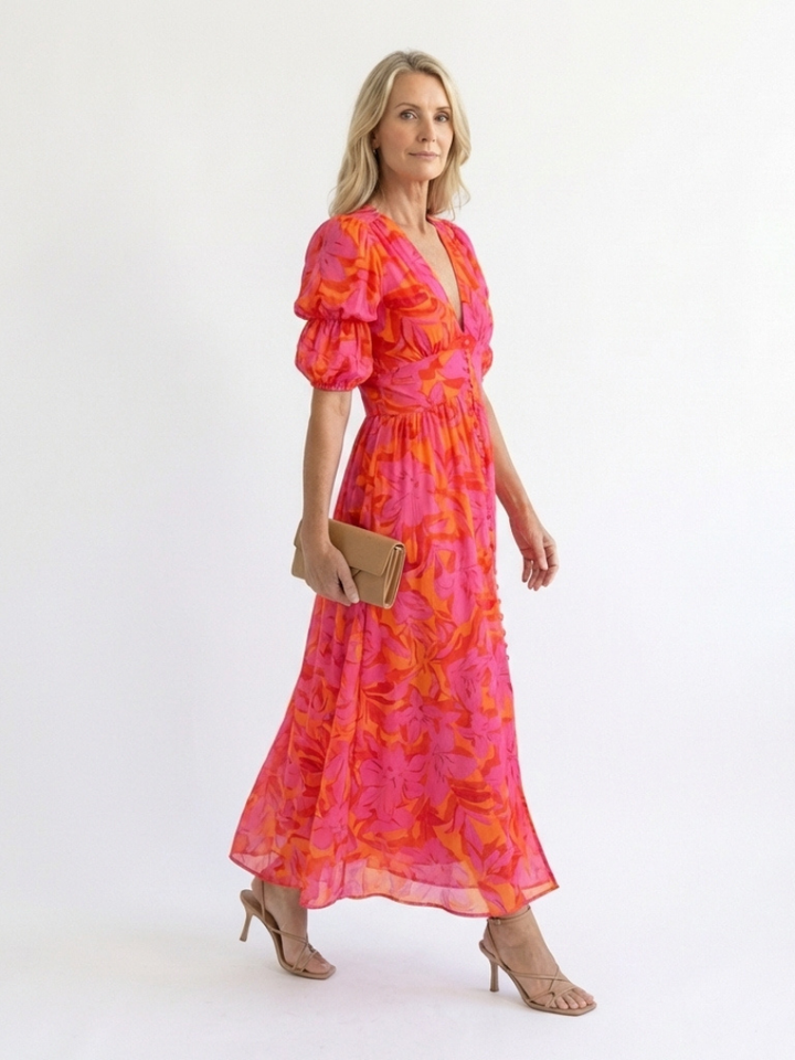 Claire | Floral V-Neck Puff Sleeve Midi Dress