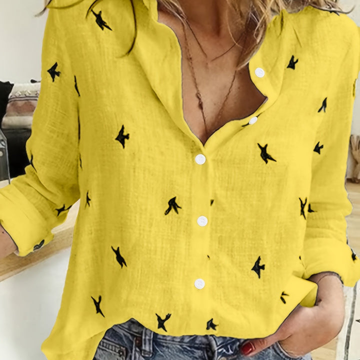 Phoebe | Bird Print Button-Up Shirt