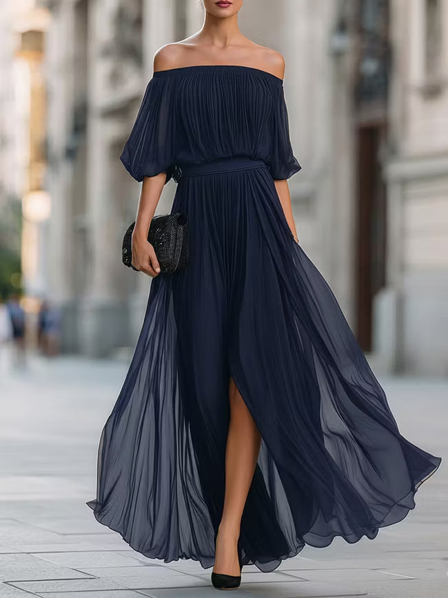 Nora | Off-Shoulder Pleated Flowing Maxi Dress