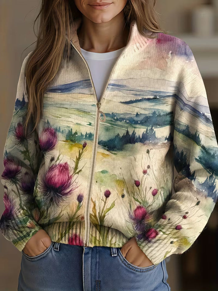 Fenella | Watercolor Landscape Zip Cardigan