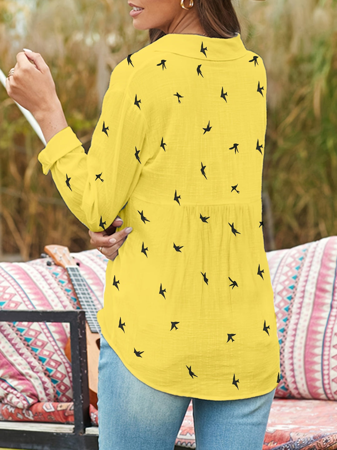 Phoebe | Bird Print Button-Up Shirt
