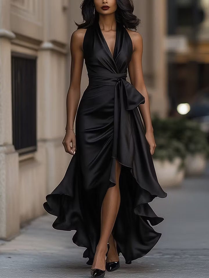Regina | Draped Halter Ruffle Gown