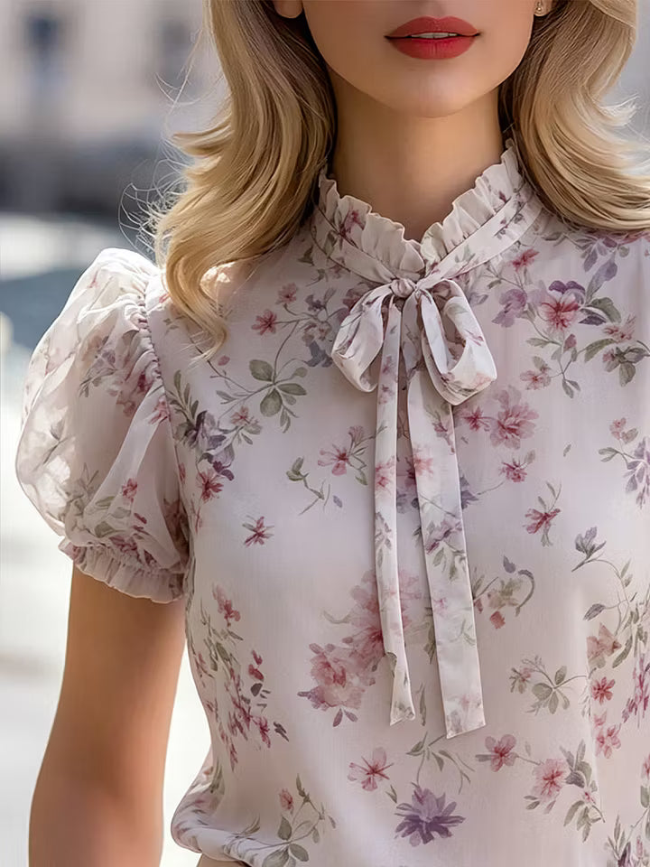 Violet | Romantic Puff-Sleeve Tie-Neck Blouse