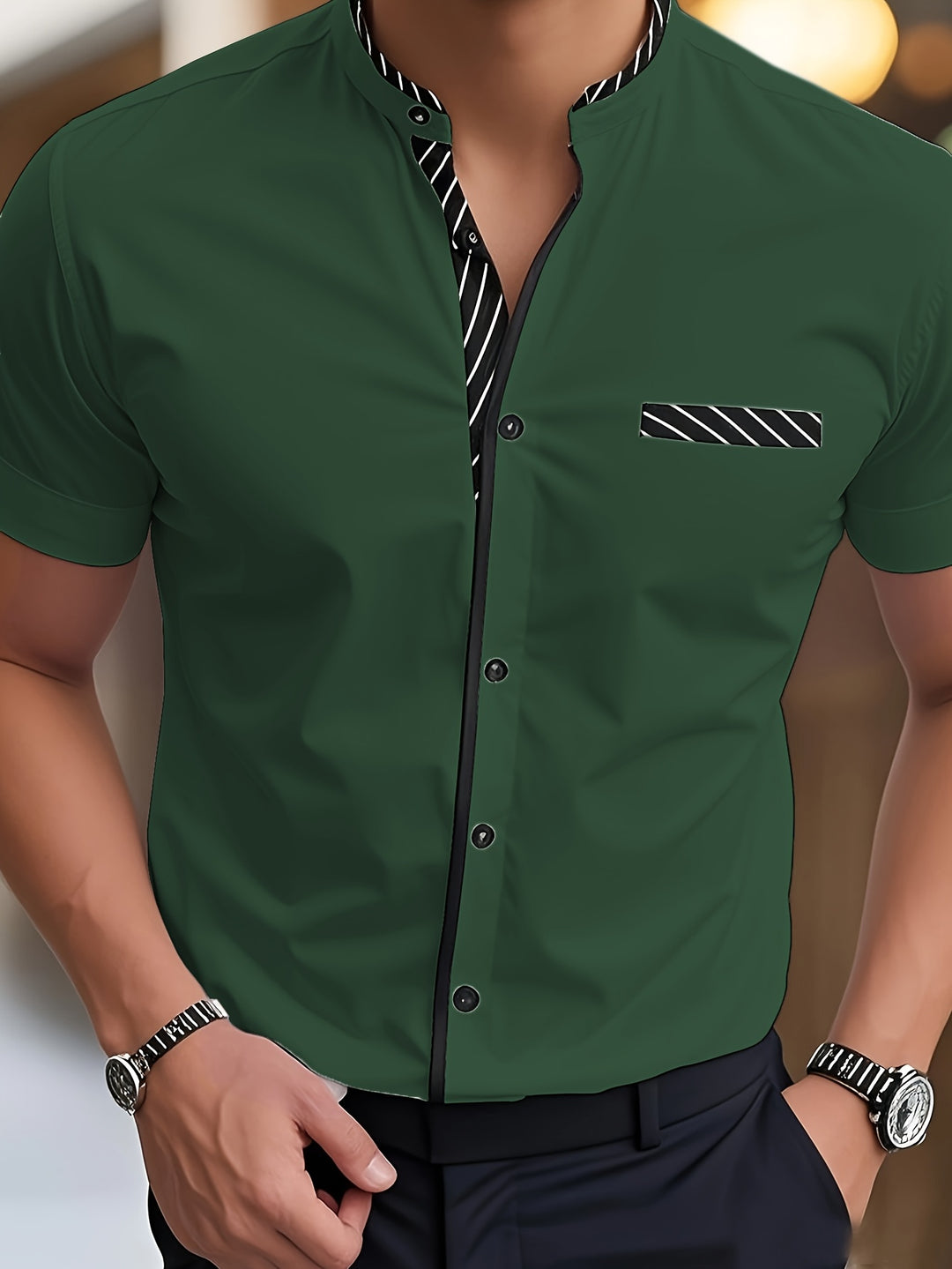 Hutton | Men's Contrast Stand Collar Short Sleeve Shirt