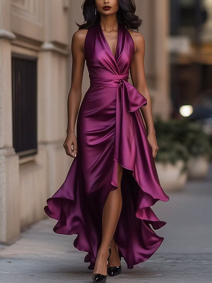 Regina | Draped Halter Ruffle Gown