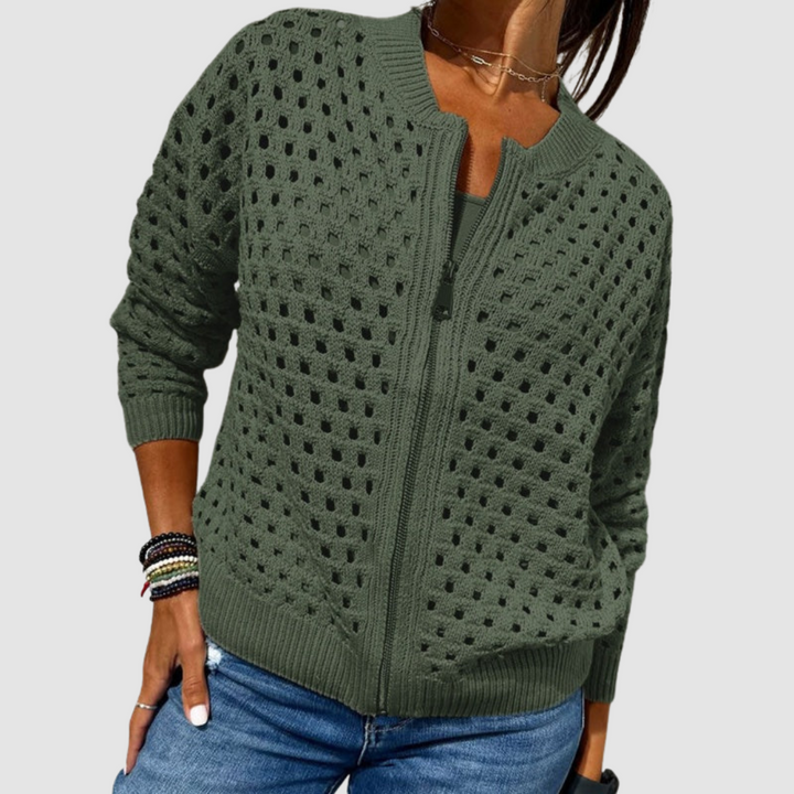 Mireille | Open-Weave Zip-Front Cardigan